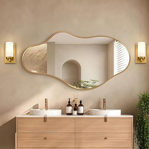 Asymmetrical Wall Mirror, 20"x36" Gold Irregular Abstract Mirror for Wall, Shatter-Proof Aluminum Alloy Framed Wall Mirrors, Decorative Wavy Mirror for Bathroom, Bedroom, Cloakroom, Entryway