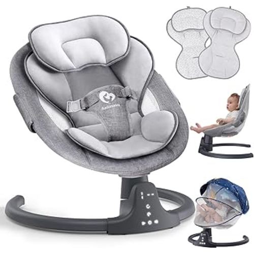Bluetooth Baby Swing for Infants, Compact & Portable Baby Rocker, 3 Seat Positions, 5 Swing Speed, 10 Lullabies, Remote Control, USB Plug-in Power, Reversible Cushion for All Seasons