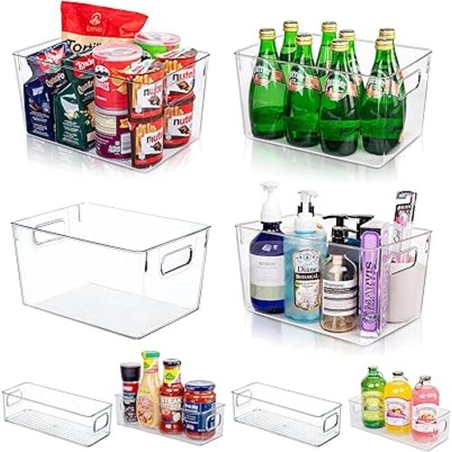 8Pcs Clear Plastic Storage Bins, 4 Large (11"x8"x6") and 4 Small Sturdy Kitchen Storage Containers for Pantry Organization, Fridge Organization