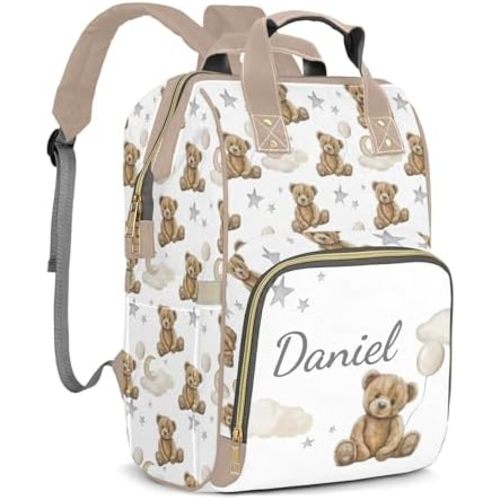 Bear Custom Name Diaper Bag Large Khaki and Brown Monogram Diaper Bag Nappy Backpack for Boys, Large Storage Adjustable Mom Bags Backpack (Bear)