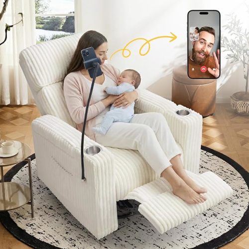 Power Recliner Chair Swivel Glider Rocking Chair Nursery Skin-Friendly Electirc Rocker Nursery Chair with Phone Holder, Hidden Storage, USB Charging, Corduroy Beige