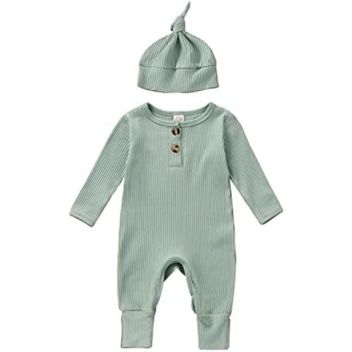Newborn Baby Boy Girl Clothes Infant Ribbed Romper Solid Long Sleeve Knit Bodysuit Jumpsuit Hat Coming Home Outfit
