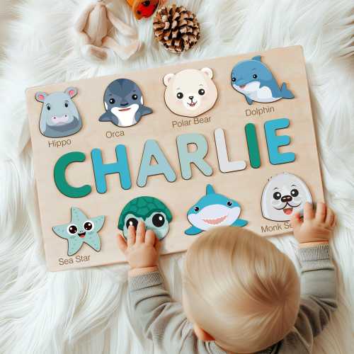 Animals Puzzle for Baby Girl and Boy, Handmade Custom Name Puzzle, Personalized Gifts for Baby, First Christmas Gift, Baby Gift