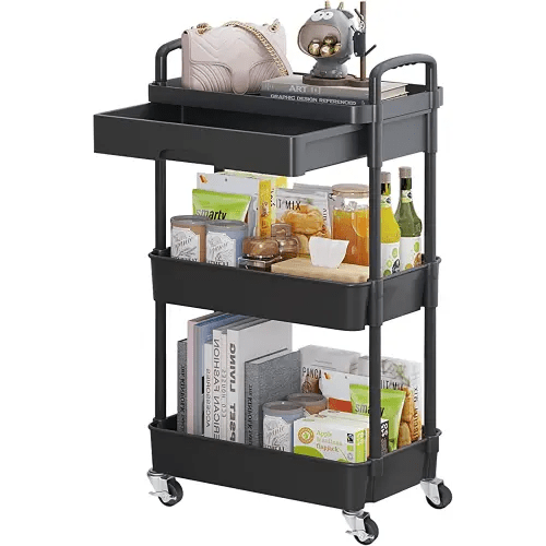 3-Tier Rolling Utility Cart with Drawer,Multifunctional Storage Organizer with Plastic Shelf & Metal Wheels,Storage Cart for Kitchen,Bathroom,Living Room,Office,Black