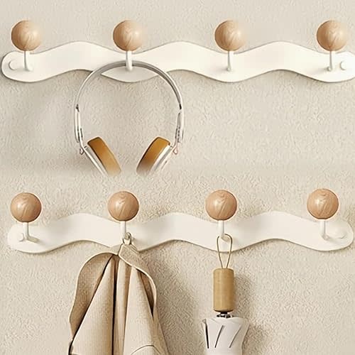 Coat Rack Wall Mounted,White Coat Hooks Adhesive & Screw in,Anti-Tear Wooden Ball Hook Rail, Heavy Duty Metal Coat Hangers for Entryway, Bathroom, Bedroom, Kitchen 2PACK (4-tri Hooks)