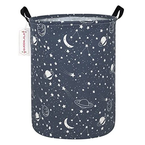 QUEENLALA Large Storage Basket,Laundry Hamper/Bathroom/Home Decor/Collapsible Round Storage Bin,Boys and Girls Hamper/Boxes/Clothing(Round-blue-starry sky)