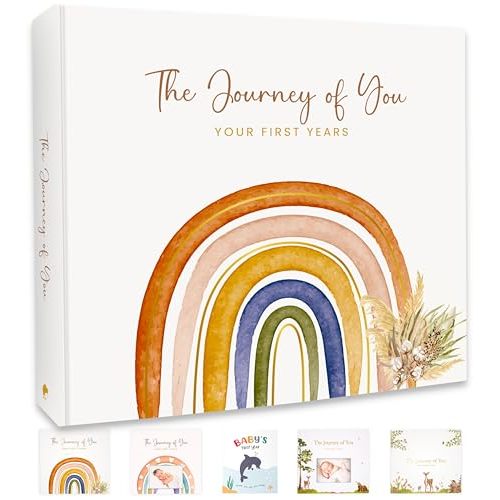 Baby Memory Book for Girl or Boy - First 5 Years Unisex Boho Rainbow Keepsake Journal to Record Newborn 1st Milestones - Gender Neutral Photo Album Scrapbook for Baby Shower - Pregnant New Mother Gift