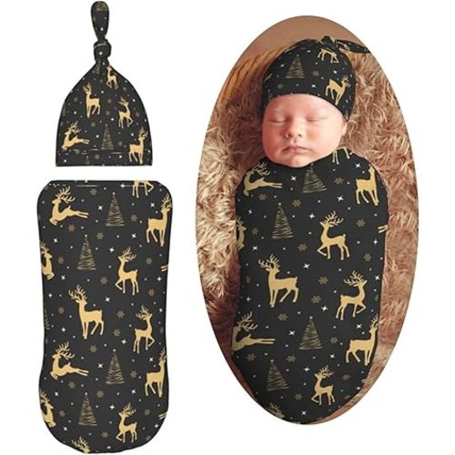 Christmas Tree and Deer Newborn Swaddle Blankets Hat Sets Soft Baby Receiving Blanket Swaddle Sack for Baby Shower Infant Boy Girl Gift