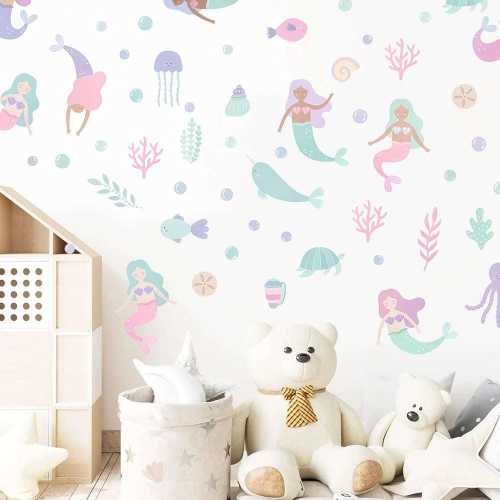 Cartoon Mermaid Wall Stickers – Underwater World Decals for Girls' Room, Nursery & Kids Bedroom Decor Cute Cartoon Stickers for Girls
