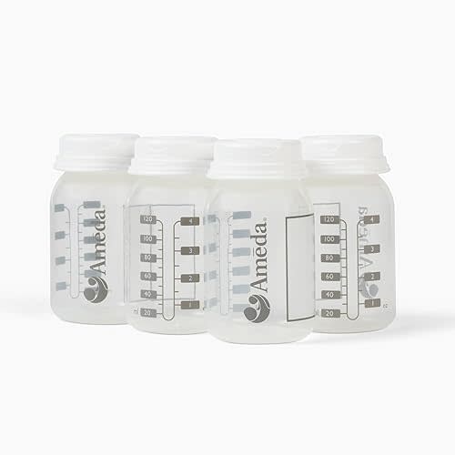 Ameda Breast Milk Storage Bottles Includes: (4) 4oz. Bottles with (4) 2-Piece Lock-Tight Caps, for Breast Milk Storage, Fits with Ameda Brand Pumps, Finesse & Most Standard Breast Pump Kits