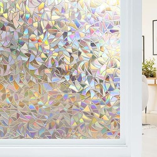 Haton Window Privacy Film, Stained Glass Rainbow Film Decorative Window Clings, Static Cling Sun Blocking Stickers Decals Coverings Tint for Home Heat Control, Non-Adhesive 17.5" x 78.7"