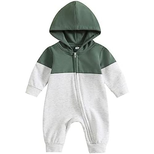 BemeyourBBs Newborn Baby Boy Clothes Color Block Long Sleeve Hooded Romper with Pocket Fall Winter One Piece Outfits