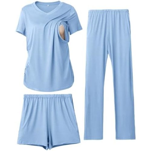 Rnxrbb 3 Piece Women's Maternity Nursing Pajamas Set V Neck Breastfeeding Pjs Sleepwear Postpartum Shorts&Pants Pockets