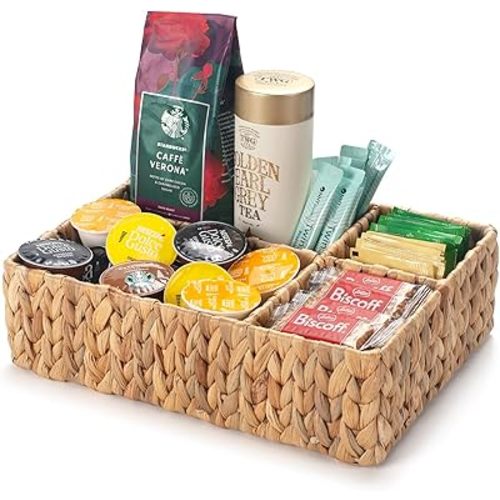 YANGQIHOME Hand-Woven Tea Bag Organizer, Water Hyacinth Coffee Station Organizer, 4 Section Sugar Packet Holder, Hand Woven Wicker Tea Organizers and Storage with Dividers for Shelves, Living Room, Bathroom, Bedroom, Kitchen