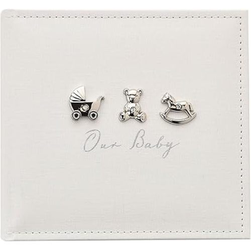 Happy Homewares Adorable Bambino Linen Fabric Photo Album with 3 Icon Decorations - Holds 100 4" x 6" Prints - Our Baby - Perfect for New Parents or a Baby Shower