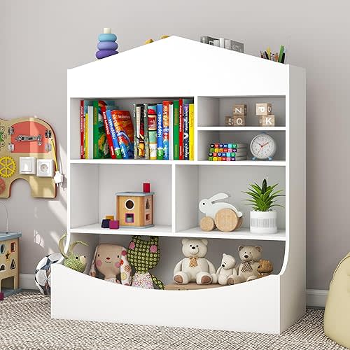 Kids Bookshelf and Toy Storage for Kids Room, White Kids Toy Organizer, Bookcase for Kids, Toddler Bookshelf and Storage