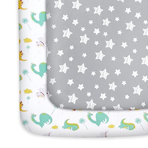 Pack and Play Sheets, 2 Pack Mini Crib Sheets, Stretchy Playard Fitted Sheet, Compatible with Graco Pack n Play, Soft and Breathable Material, Dinosaur and Grey Star