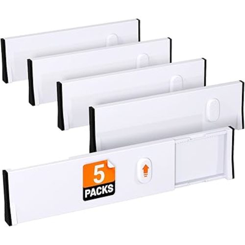5 Pack Drawer Dividers for Clothes, 11-19" Expandable Dresser Organizers for Bedroom & Office, Plastic Adjustable Drawer Dividers Organization for Kitchen & Bathroom Storage