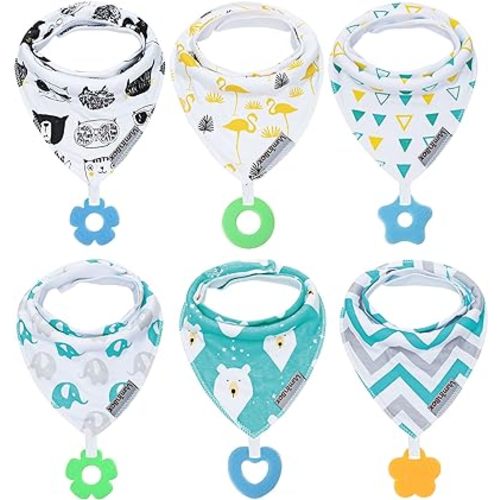 Baby Bandana Drool Bibs 6-Pack and Teething Toys 6-Pack Made with 100% Organic Cotton, Absorbent and Soft Unisex