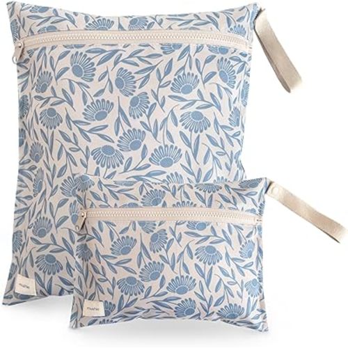 mushie Water Resistant Wet Bags | Large & Small Reusable Storage Bag for Baby Items and Travel | Zippered Pockets with Handle | Machine Washable, Set of 2 (Blue Flowers)