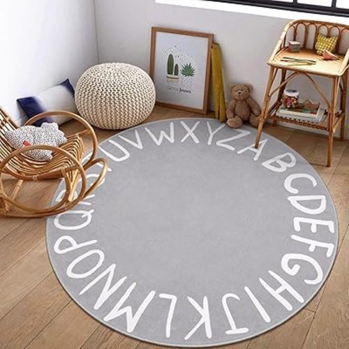 LIVEBOX ABC Kids Round Play Room Rug for Classroom, Large Washable Rug for Nursery, Non-Slip Toddler Rug for Boys and Girls, Soft Circle Carpet Learning Crawling Mat for Playroom Dorm(71",Grey)