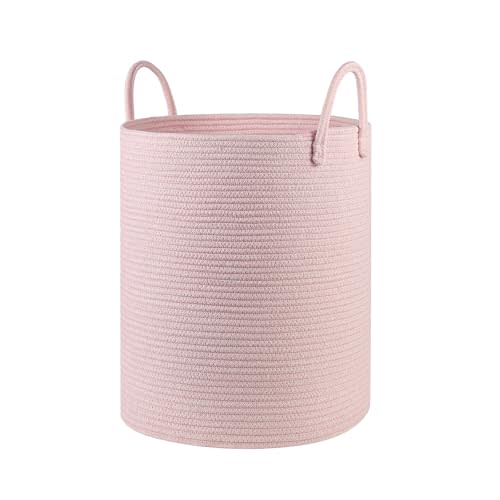 HOBASKET Cotton Rope Laundry Basket Hamper for Girls Kids Baby Nursery Hamper Bin Woven Blanket Basket for Living Room cute baby laundry basket Storage Basket for Nursery Toy Storage Bin&Box(Pink)