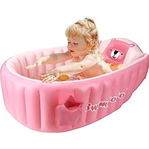 Inflatable Baby Bathtub Infant Anti-Slip Bath Seat Pool with Air Pump Travel Camping Portable Toddler Bath Tub Age 0-5 Years Old (Pink)