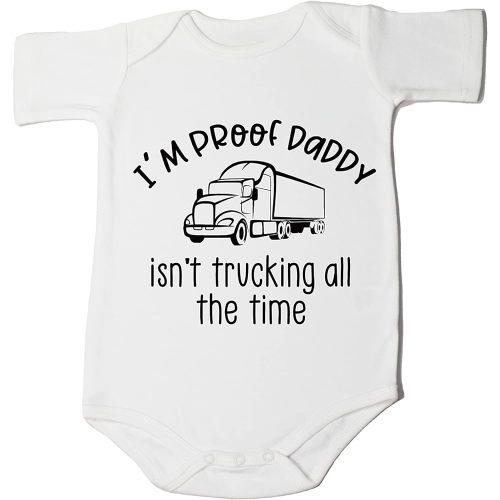 Cute Truck Pattern Short-Sleeved Onesie for New Babies -Cute Saying I'm proof Daddy isn't trucking all the time