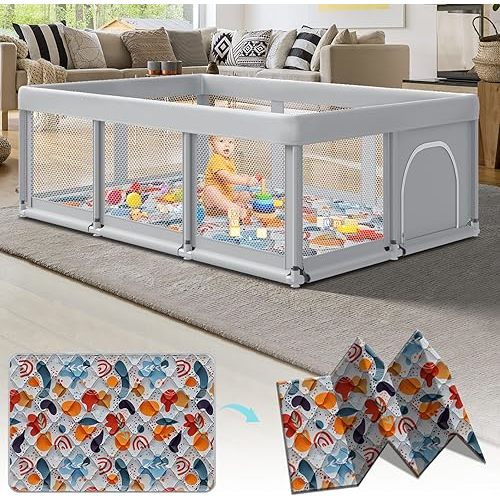 74" ×50" Large Baby Playpen, Grey (with MAT)
