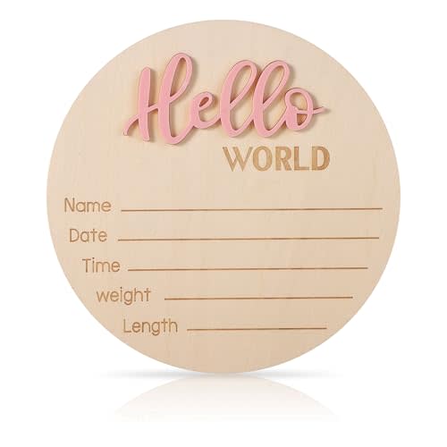 Baby Announcement Sign, 5.9in Wooden Hello World Newborn Signs Birth Announcement Sign Welcome Name Plaques for Newborn Boys and Girls Photo Props Baby Shower Hospital Nursery (Light Pink)