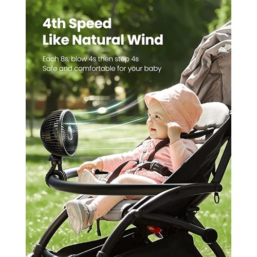 Gaiatop Baby Stroller Fan, 4000mAh Oscillating Mini Portable Fan with Light, 4 Speeds Battery Operated Small Handheld Desk Fan, 360° Rotate Flexible Tripod Clip On Fan for Car Seat Crib Travel Black