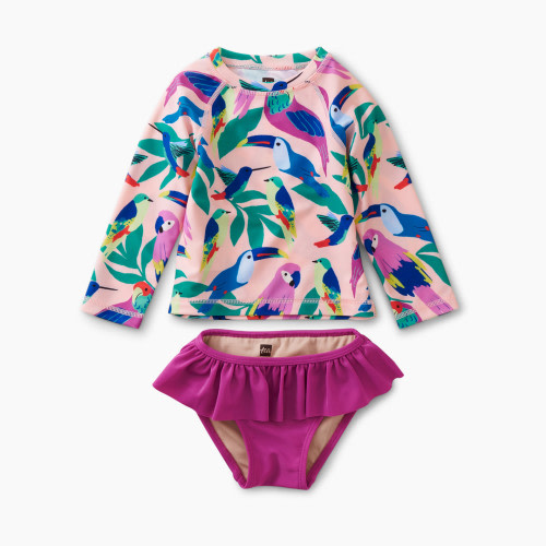 Tea Collection Rash Guard Swim Set - Tropical Bird Flock In Pink, 6-9 Months