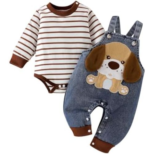 Baby Boy Clothes Fall Winter Outfit Cute Romper Striped Long Sleeve Romper Cartoon Denim Jumpsuit Pants 0-18 Months