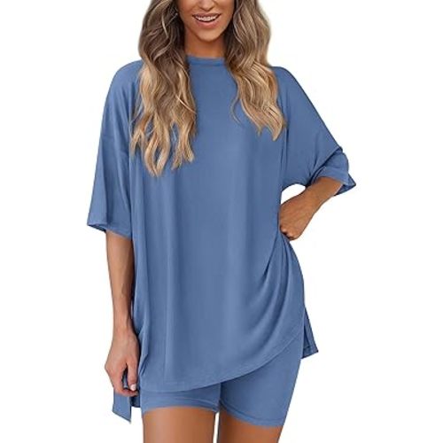 PRETTYGARDEN Women's Two Piece Lounge Set 2025 Summer Casual Oversized Shirts Biker Shorts Matching Airport Travel Outfit