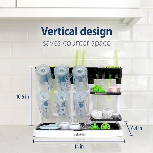 Dr. Brown's Drying Tower, Stand-Up Drying Rack, Countertop Baby Bottle Drying with Organized Storage for Baby Essentials, Space Saving Vertical Rack