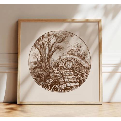 Shire Artwork, Hobbiton Wall Art Print, Bag End, LOTR, Cozy Cottage Sketch