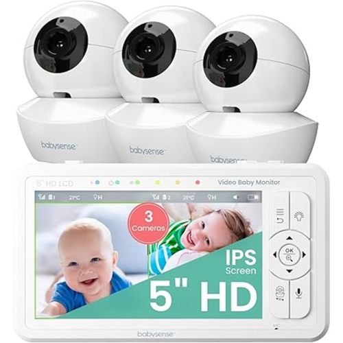 Babysense 5" HD Split-Screen Baby Monitor, Video Baby Monitor with Camera and Audio, Three HD Cameras with Remote PTZ, Night Light, 960ft Range, Two-Way Audio, 4X Zoom, Night Vision, 4000mAh Battery