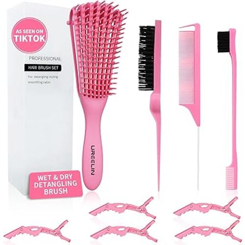 Detangling Brush set,Detangler Hair Brush with Teasing & Edge for Curly, Rat Tail Comb Alligator Hair Clips for 3a to 4c Kinky Wavy/Curly/Coily/Wet/Dry/Oil/Thick/Long (Pink)