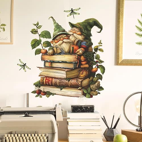 Gnome Reading Wall Decals Books Reading Wall Stickers Peel and Stick Wall Art Decals for Kids Room Classroom Nursery Bedroom Playroom Decor (Style)