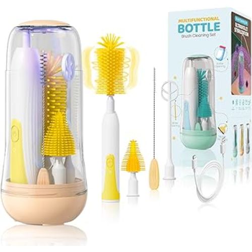 Electric Travel Baby Bottle Brush Set with Storage Box, Automatic Bottle Cleaner Brush Kit with Silicone Bottle/Nipple/Straw Brush,Milk Frother Electric and Drainage Rack, Rechargeable, Yellow