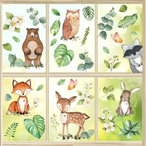 AnyDesign 36Pcs Woodland Animals Window Clings Watercolor Forest Animal Greenery Window Decals Reusable PVC Nature Theme Stickers for Baby Shower Birthday Party Spring Window Glass Mirror Decoration