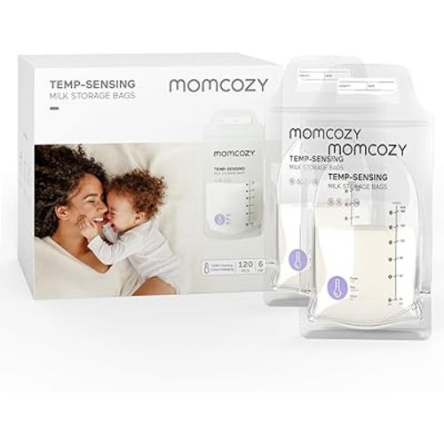 Momcozy Breastmilk Storage Bags, Temp-Sensing Discoloration Milk Storing Bags for Breastfeeding, Disposable Milk Storage Bag with 6 Ounce Self Standing, No-Leak Milk Freezer Storage Pouches, 120PCS