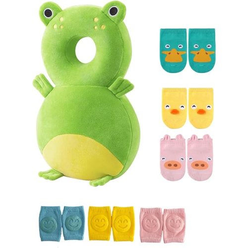 JunNeng Toddler Baby Head Protector Backpack for Toddler Walker with Knee Pads&Anti-Slip Socks, Frog