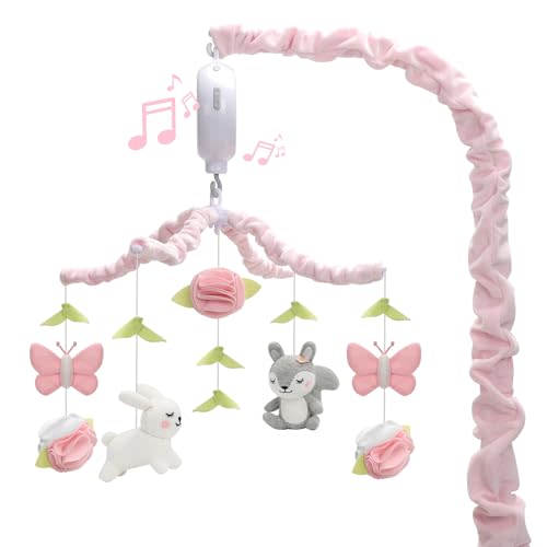 NICEMER Baby Crib Mobile for Girls, Soft Knitted Woodland Characters Rabbit Squirrel, Pink and White Nursery Decor, Calming Soother with 12 Lullabies Essential and Perfect Gift for Girls