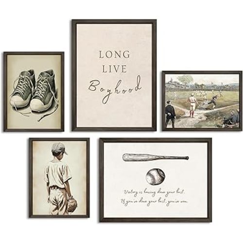 Baseball Nursery Wall Art Decor Vintage Boys Room Canvas Posters Sports Boy Pictures Baseball Vintage Nursery Painting Neutral Sport Kids Room Prints Wall Art for Bedroom 8x10x5 Inch Wood Framed