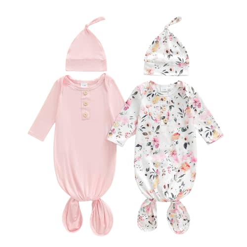 woshilaocai 2 Pack Baby Boy Girl Gown Sleeper Newborn Knotted Nightgown and Hat Set Infant Sleepwear