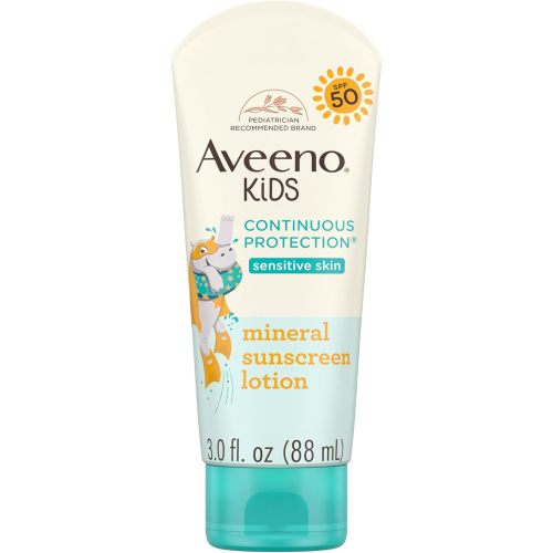 Aveeno Kids Continuous Protection Zinc Oxide Mineral Sunscreen Lotion for Children's Sensitive Skin with Broad Spectrum SPF 50, Tear-Free, Sweat- & Water-Resistant, Non-Greasy, 3 fl. oz