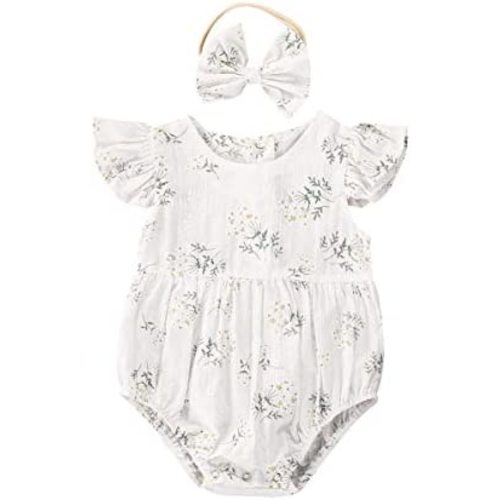 Newborn Baby Girl Romper Floral Ruffle Sleeveless Jumpsuit Cotton Bodysuit with Headband Summer Clothes Outfit