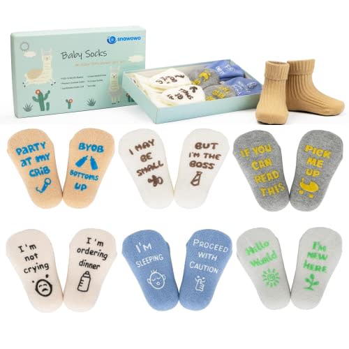 snawowo Funny Newborn Baby Socks with Grip, Cute Gender Neutral Gift for Baby Shower Registry Search, Non Slip Infant Socks