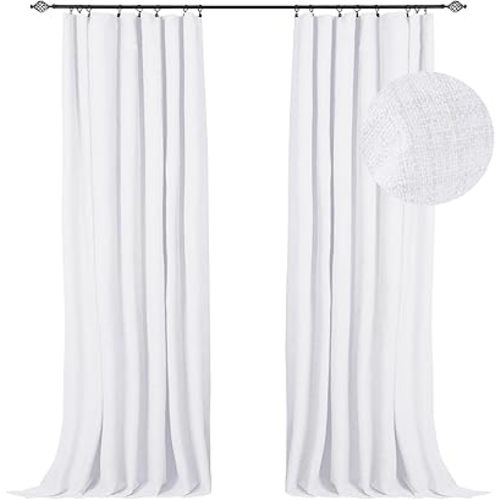 100% Blackout Shield Full Blackout Curtains for Bedroom 96 inch Length 2 Panels Set, Clip Rings/Rod Pocket Faux Linen Black Out Curtains for Living Room, Thermal Insulated, 50Wx96L, Bright White